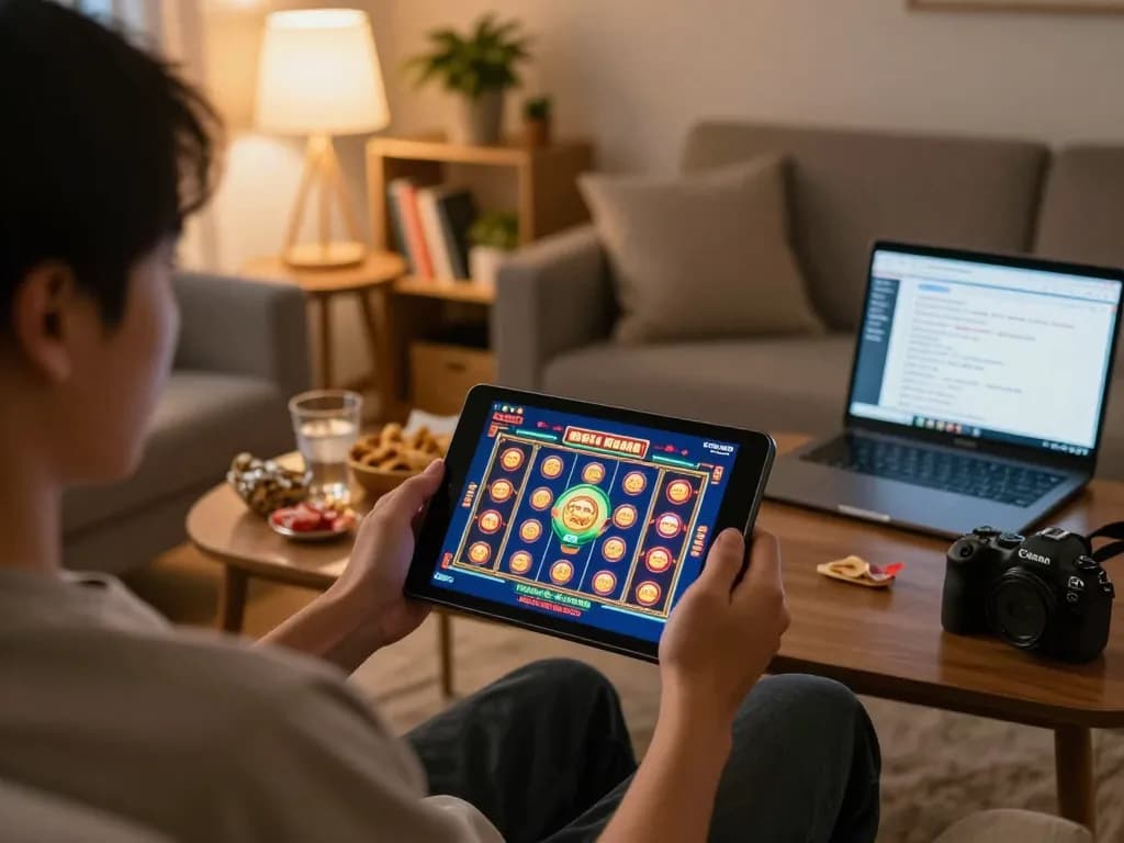 Engaging in slot bet kecil while enjoying cozy atmosphere at home with vibrant game interface