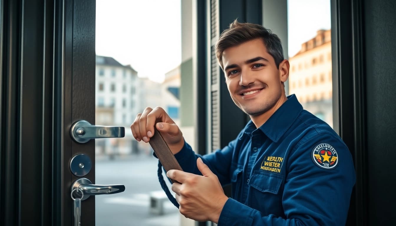Professioneller Schlüsseldienst aus Wiesbaden, der gekonnt eine Tür mit speziellem Werkzeug öffnet und dabei Vertrauen sowie Effizienz ausstrahlt.