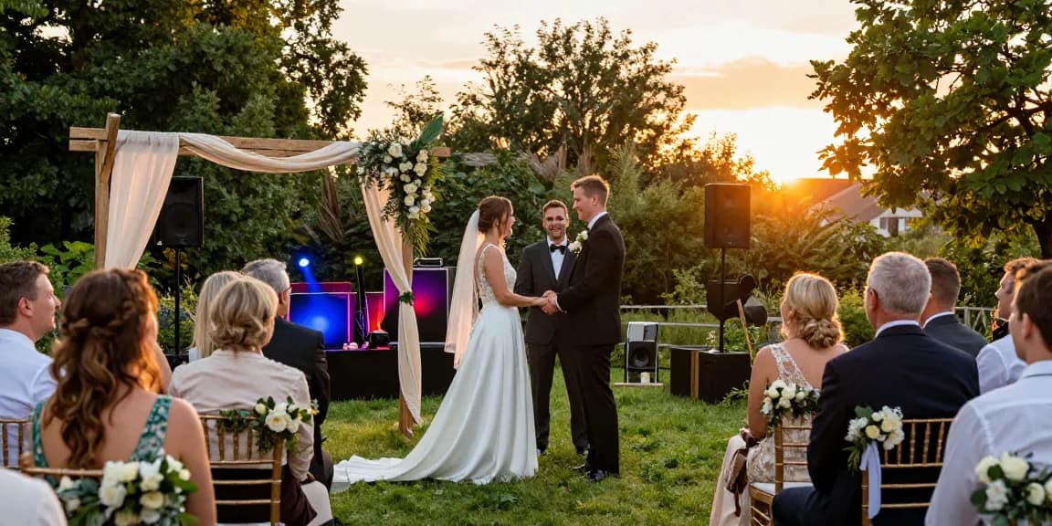 Hochzeit DJ Berlin mit festlicher Stimmung bei Sonnenuntergang.
