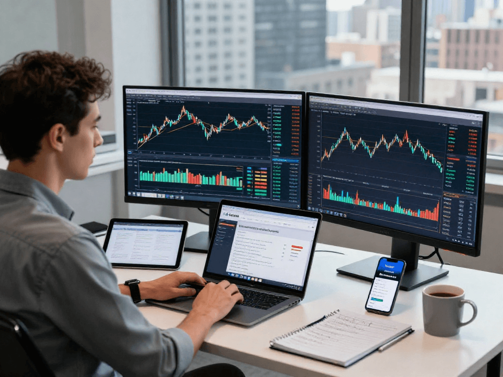 使用TradingView进行实时交易分析的专业交易员在现代交易桌前，显示多种技术指标。