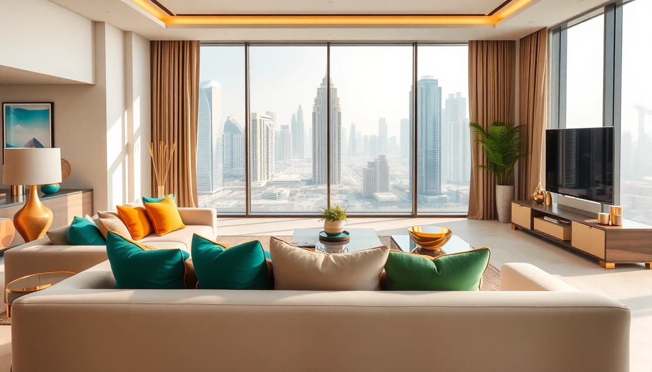 Explore luxurious living room interior design dubai with sleek furniture and skyline views.