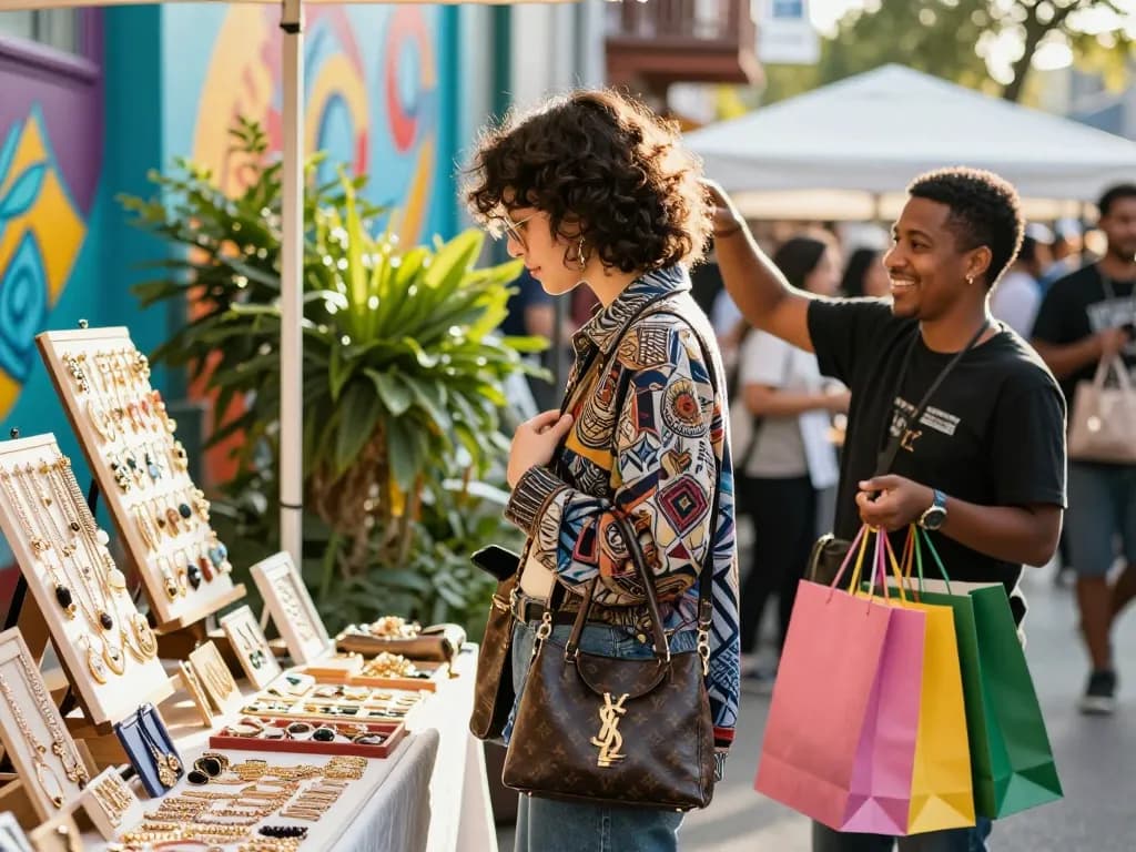 Stylish individual exploring a vibrant market with a 레플리카 handbag, showcasing urban fashion and lifestyle.