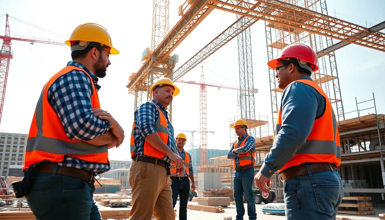 Showcasing Austin construction workers collaborating on a vibrant building site.