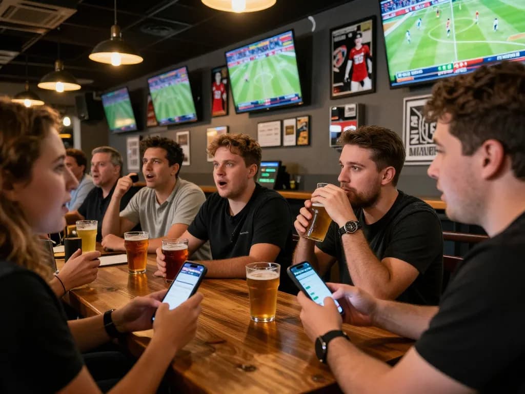 Engaging sports bettors using sbobet app in vibrant sports bar environment during live events