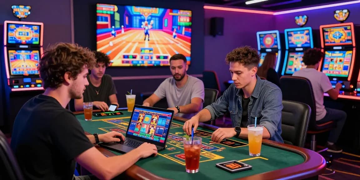 Engaging players at a credit card casino enjoying games online with colorful digital displays and drinks.