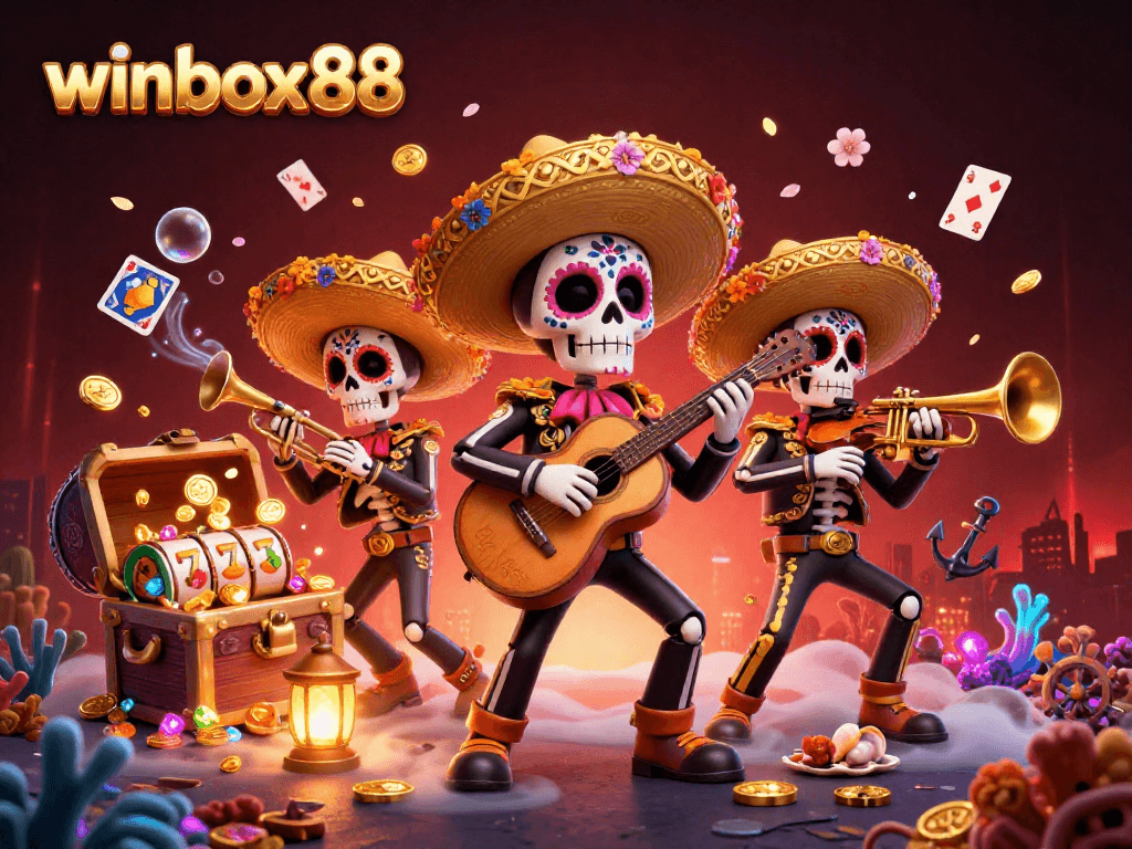 Experience the vibrant entertainment of winbox88 with a thrilling casino-themed illustration featuring death-defying mariachi band.