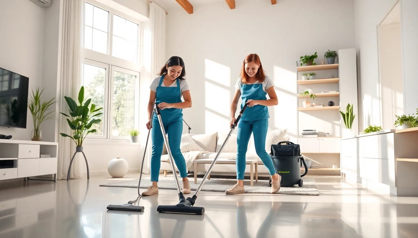 Cleansing surfaces with a dedicated cleaning service team in a bright home environment.