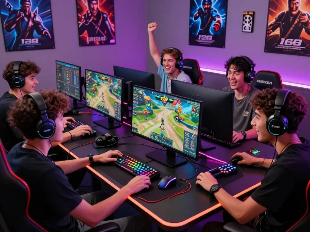 Friends enjoying an exciting go88 gaming session at a modern setup with colorful LED lights.