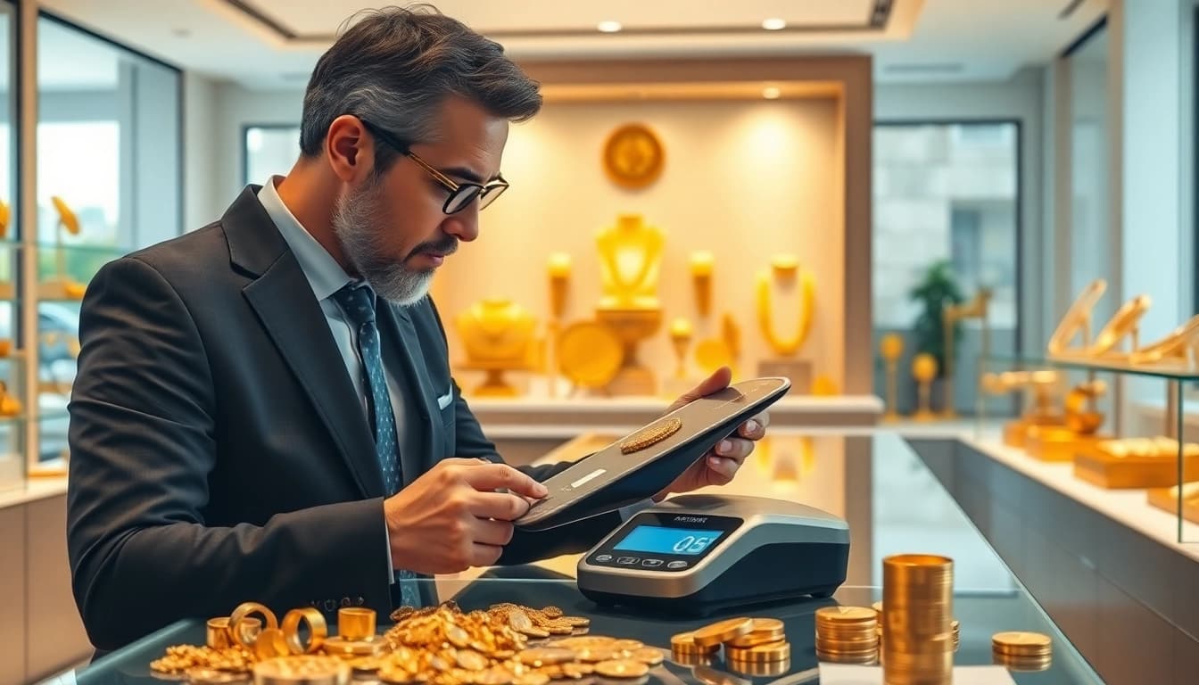 Valuta compro oro di gioielli preziosi con esperto in negozio moderno.