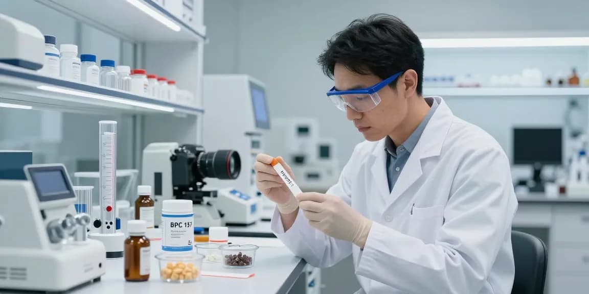 BPC 157 Benefits depicted through Buccal Strips analysis in a modern lab, showcasing advanced health technology.