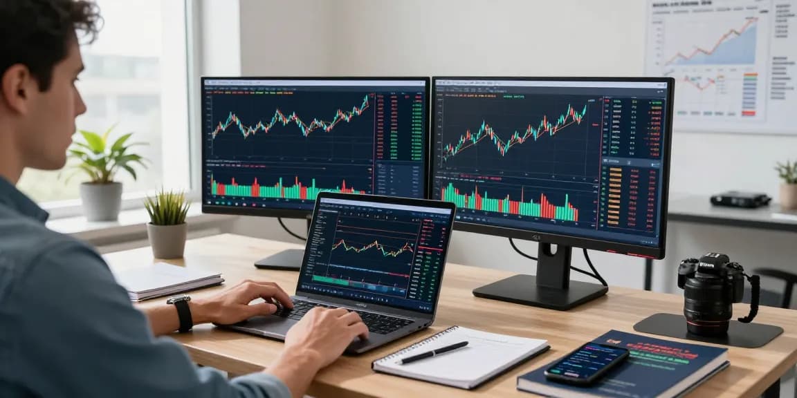 Trader analyzing mt5 market trends on dual monitors in a modern workspace.