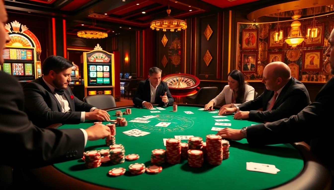 Action intense au poker à une table de casino en ligne avec des jetons et des cartes colorés.