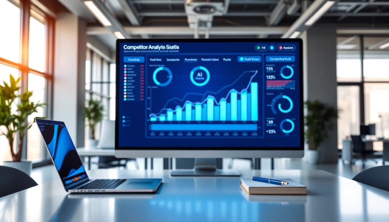 Analyze data using AI for competitor analysis in a modern office environment.