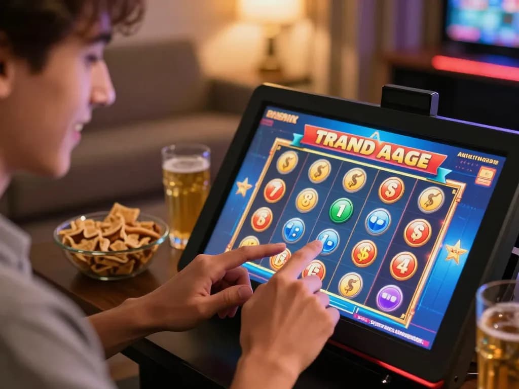 Player engaging with the latest slot terbaru game on a smartphone in a cozy home setting