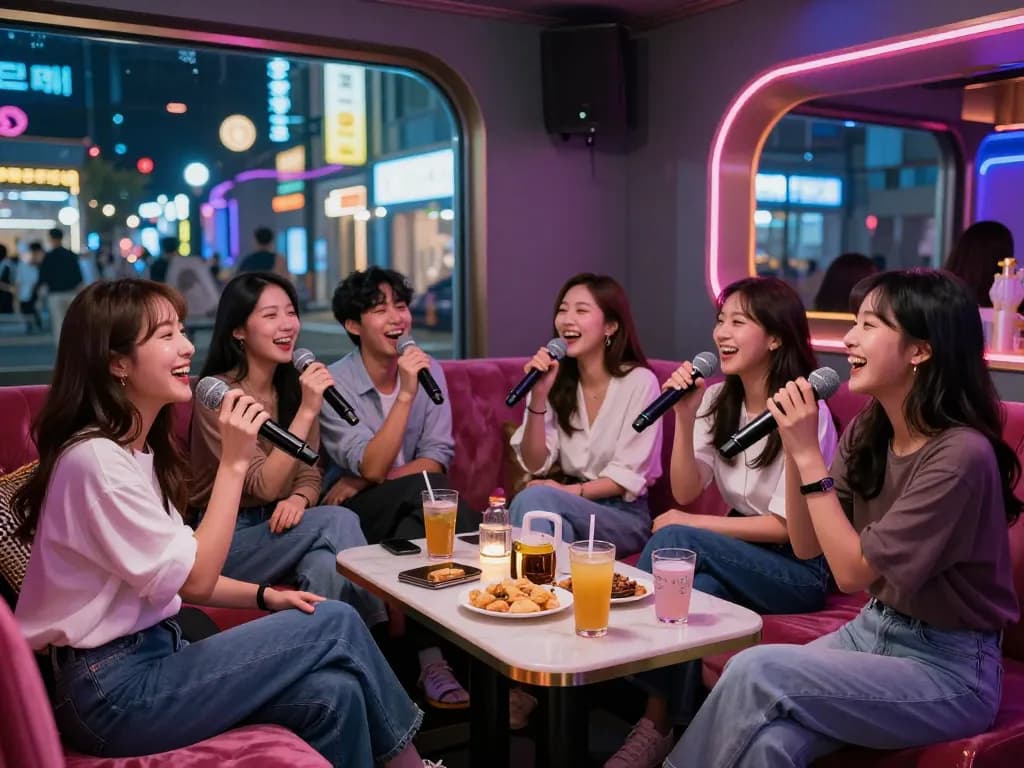 활기찬 개인 룸 환경에서 친구와 함께 부평쓰리노에서 노래를 즐기는 모습.