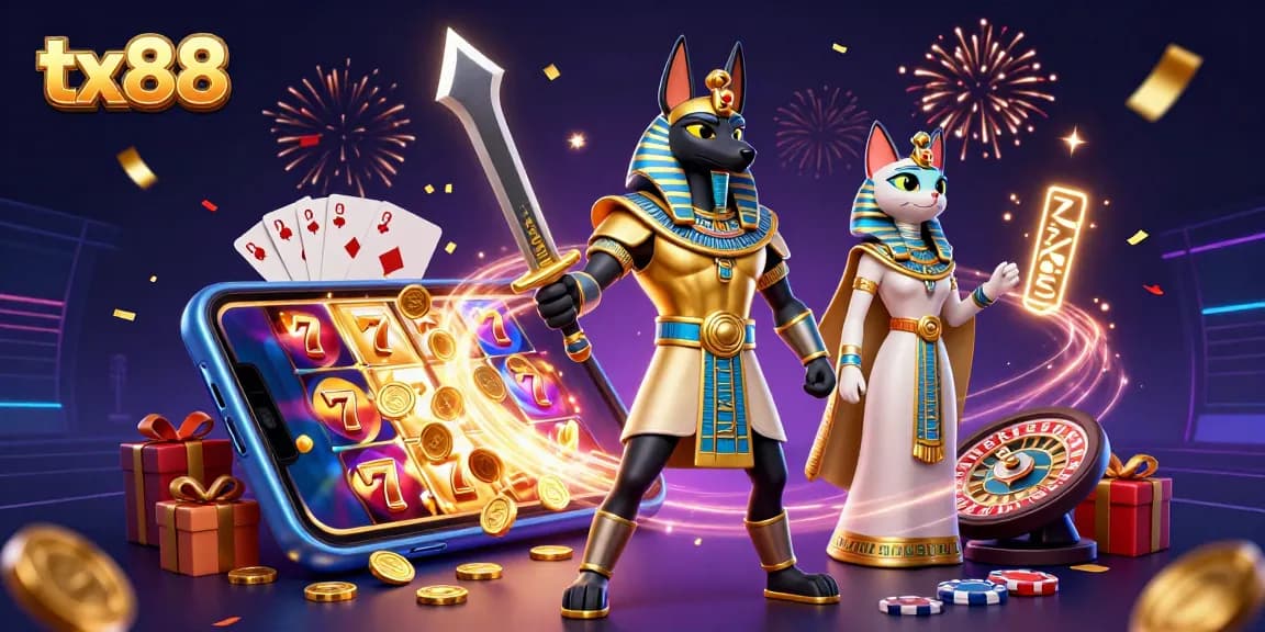 Win jackpots with thrilling tx88 slots featuring Anubis and Bastet in a vibrant casino scene.