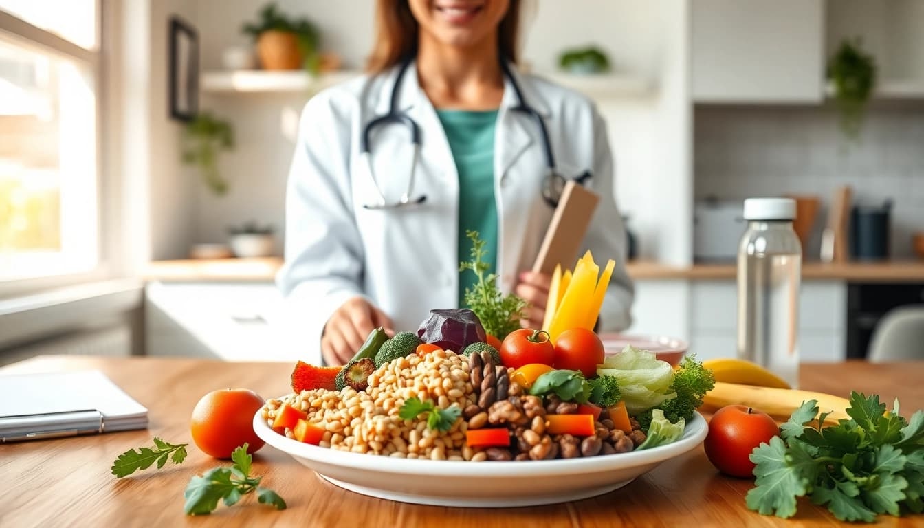 Illustration showing a balanced meal plate emphasizing intermittent fasting benefits with vibrant healthy foods.