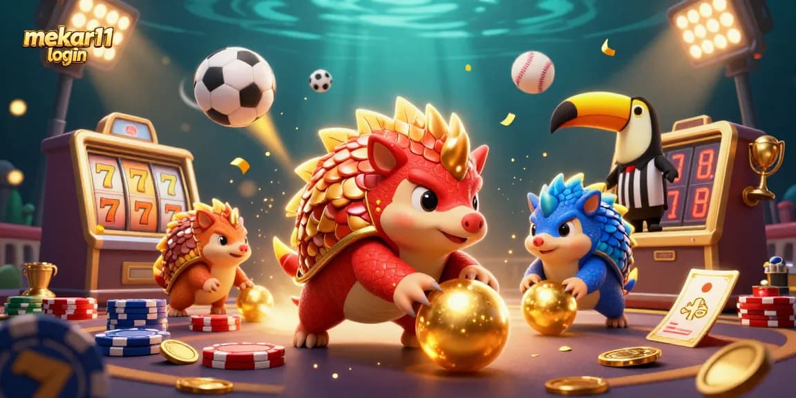 Mekar11 login illustrated with rival pangolins in a vibrant casino scene, featuring slot machines and sports elements.