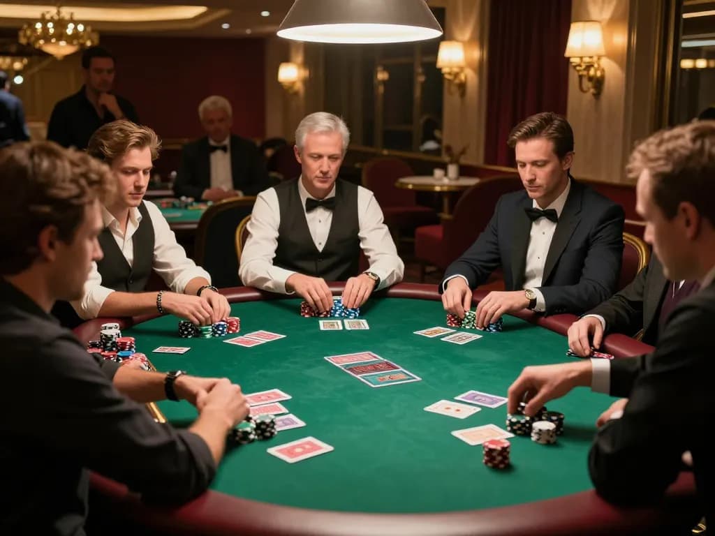 8live players strategizing at an upscale poker table during an intense game, showcasing vibrant chips and cards in play.