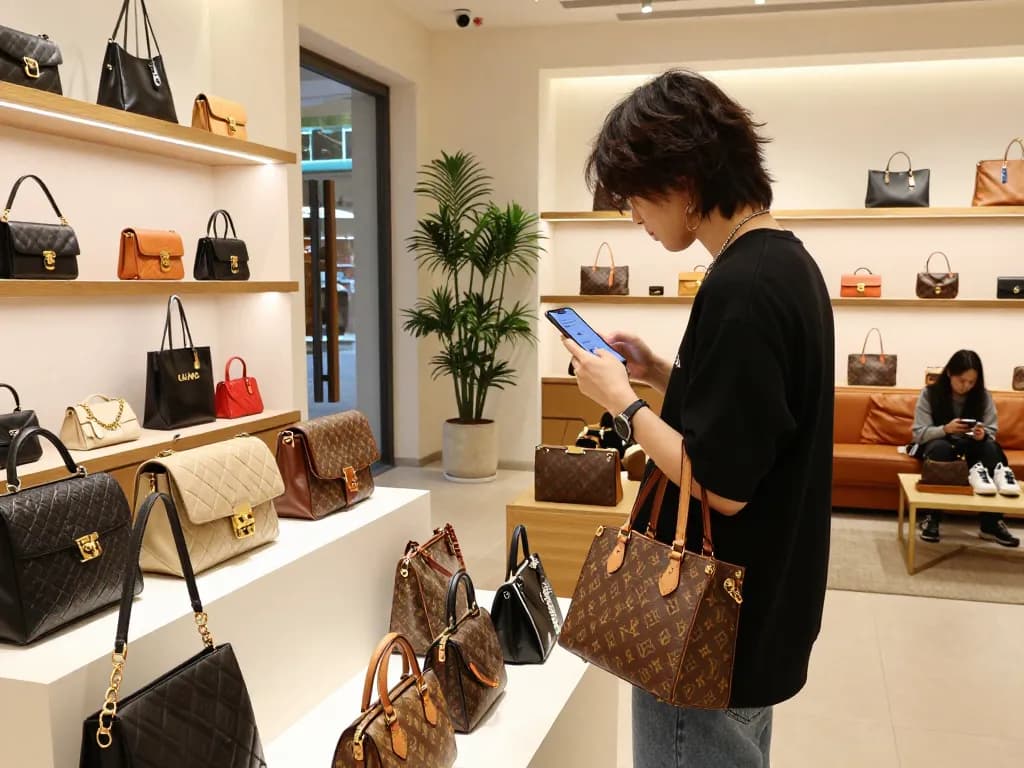 Engaging shopping experience in a luxury 레플리카 사이트 boutique with stylish items and customer interaction.