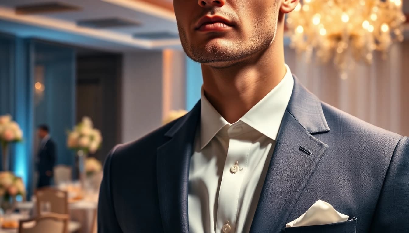 Stylish designer menswear featured on a groom in an elegant wedding setting with floral decor.