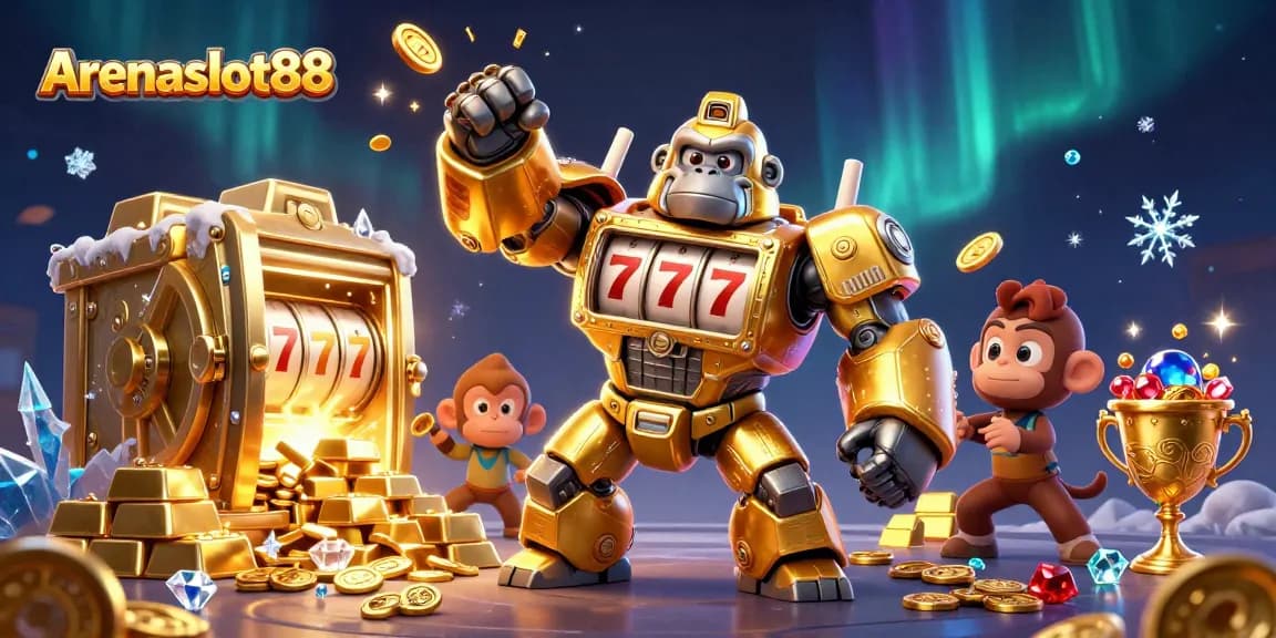 Arenaslot88 memberi pengalaman terbaik dalam bermain slot dengan karakter gorila emas bertema mesin slot.