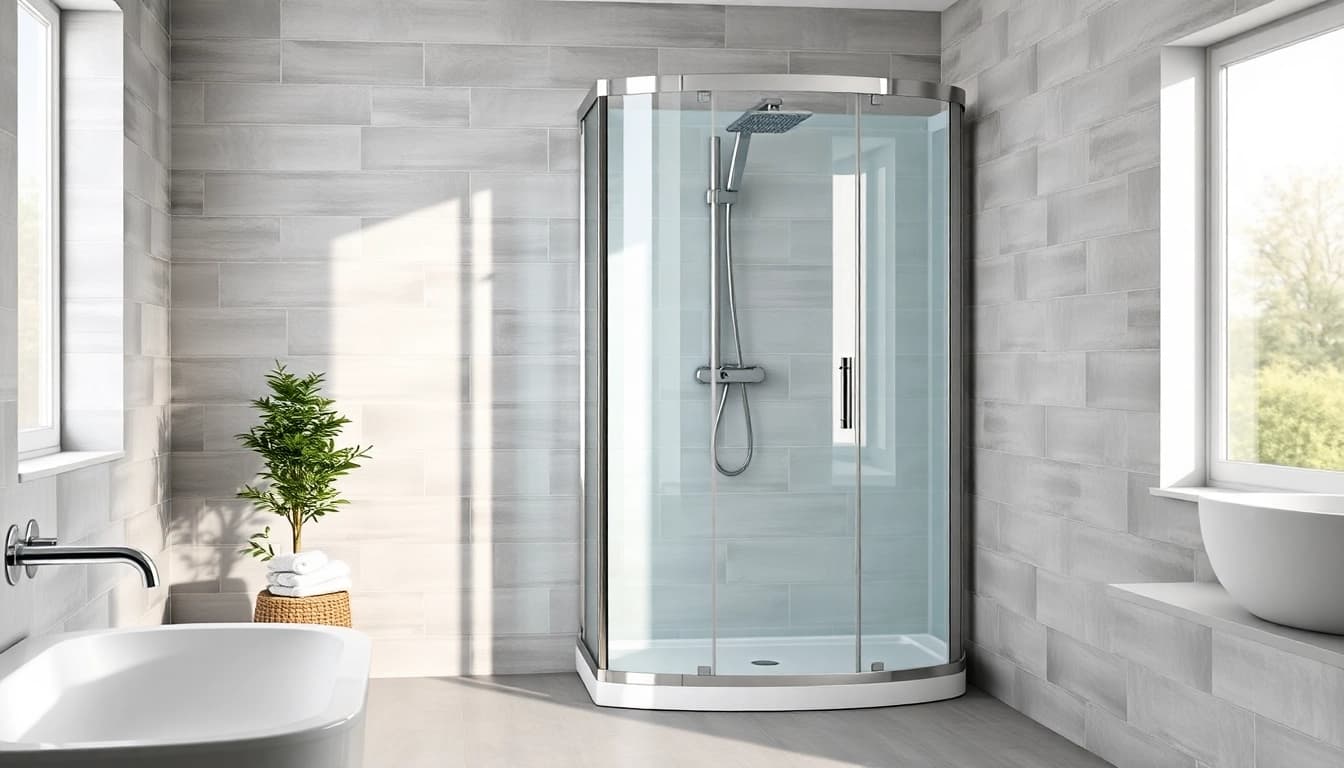 Die duschkabine 90x90 komplett in einem modernen Badezimmer-Setting, elegant und einladend gestaltet.