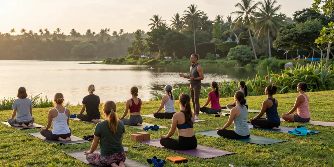 Yoga teacher training Sri Lanka 2026 at a lakeside setting with students practicing under the guidance of Stefan Camilleri.