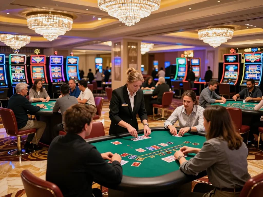 Players at 92slot blackjack tables engaging in strategic bets in a vibrant, upscale casino atmosphere