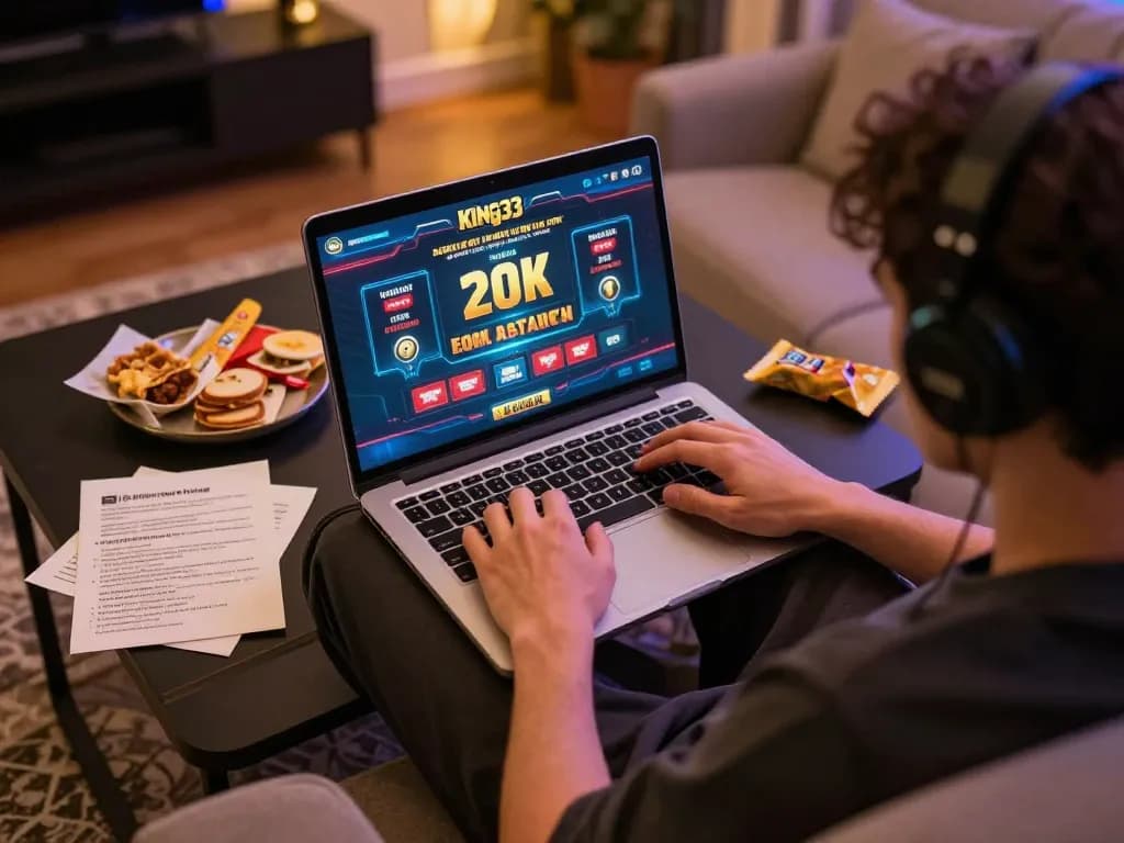 Engaged player strategizing at king33's online casino, enjoying a cozy gaming experience.
