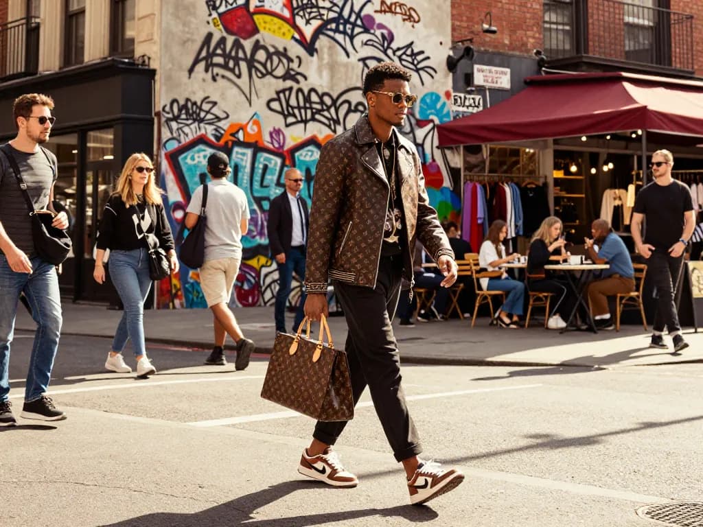 Fashion-forward individual showcasing a chic 레플리카 outfit in a vibrant urban setting.