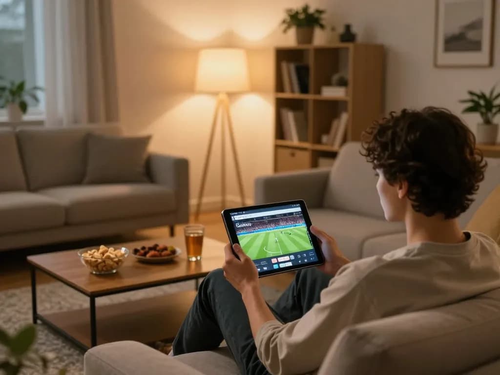 Cakhiatv streaming live soccer match on tablet in cozy home setting with snacks and warm lighting