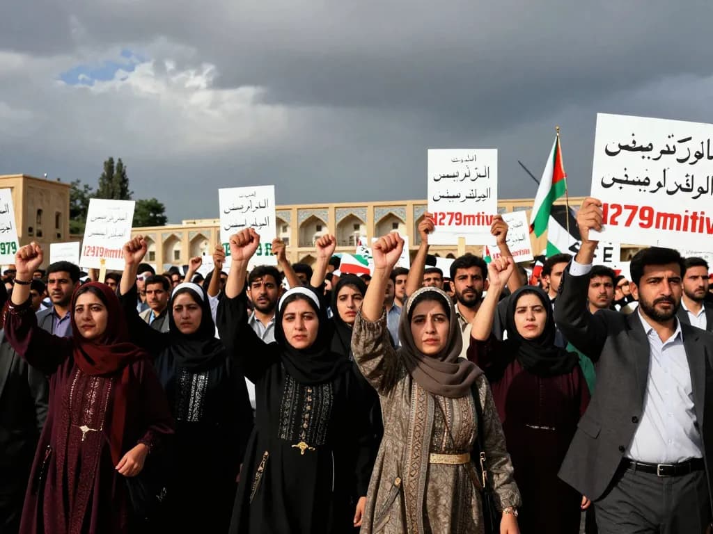 The Iranian revolution depicted in a historic protest scene with diverse individuals holding signs and symbols of unity.