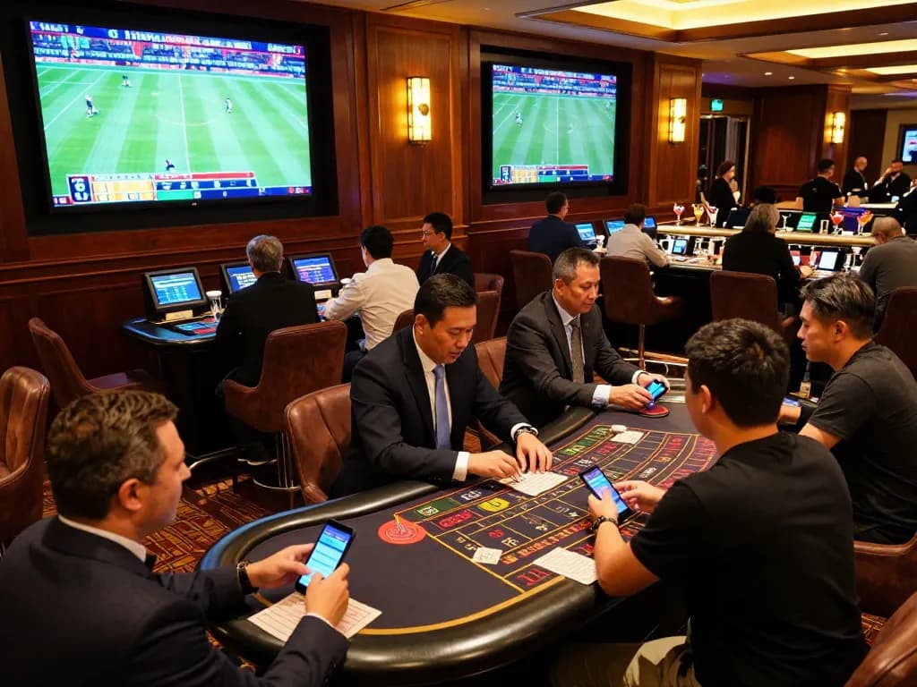 BL555 patrons engaged in lively sports betting activity with mobile apps at an upscale casino