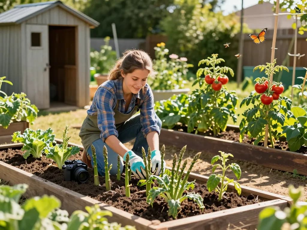 Gardener nurturing asparagus plants in a vibrant must-have asparagus moestuin.