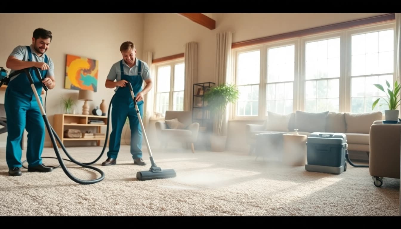 Local carpet cleaners using advanced techniques to refresh a vibrant living room carpet.