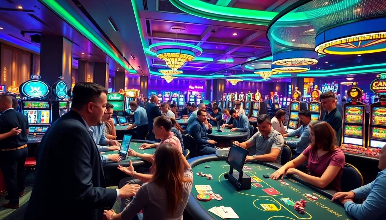 Casino online terbesar dengan suasana meriah, pemain terlibat dalam berbagai permainan menarik.