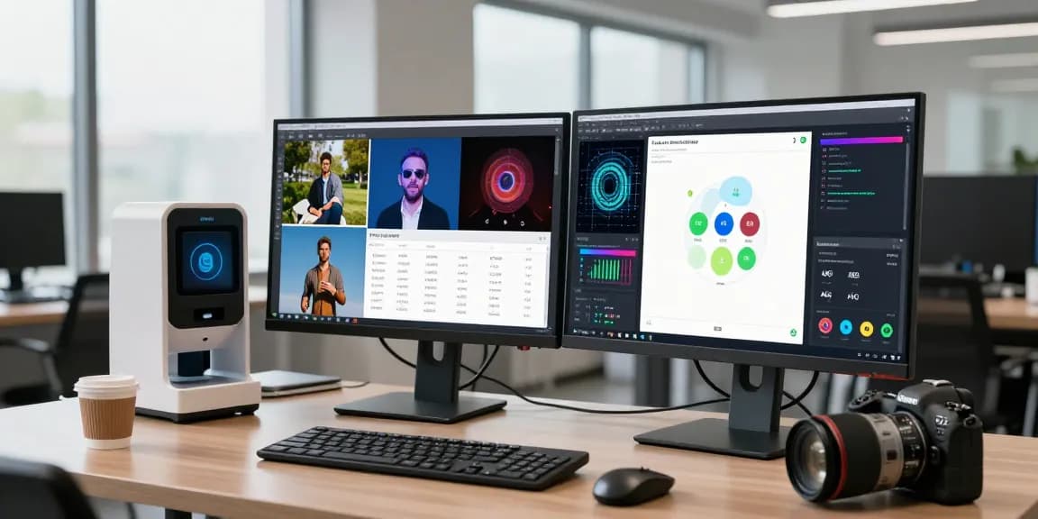 Free AI image detector tool in use, illustrating image analysis with various formats in a vibrant tech office.
