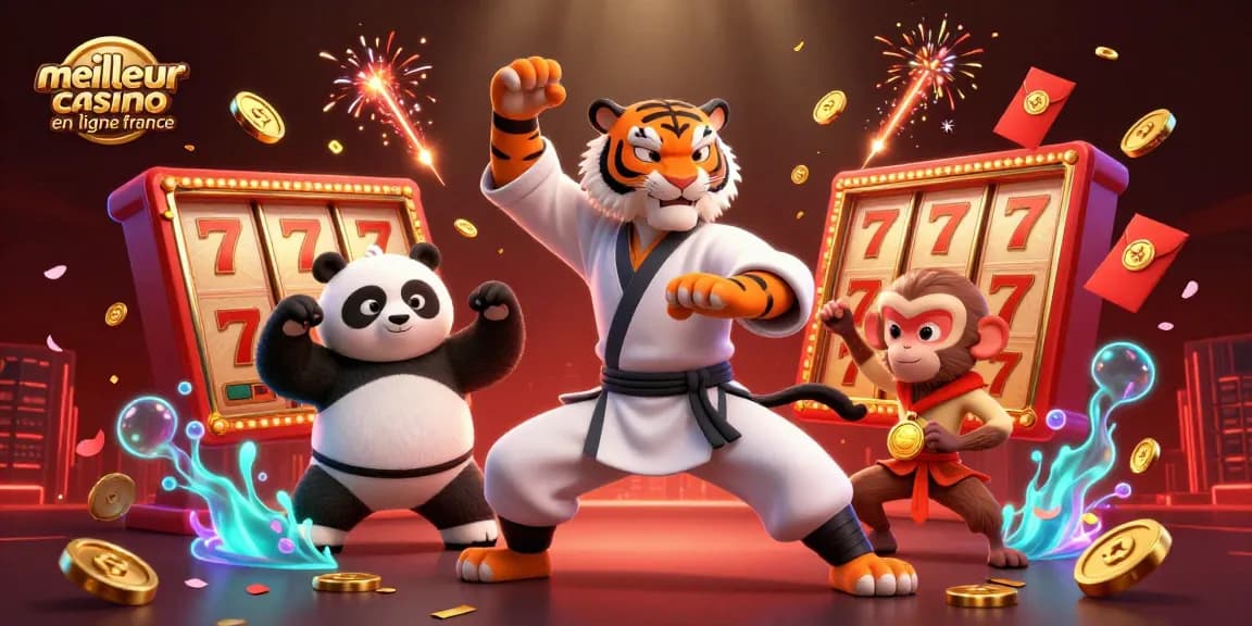 Image dynamique de meilleur casino en ligne France avec des personnages de jeu et des symboles de victoire.