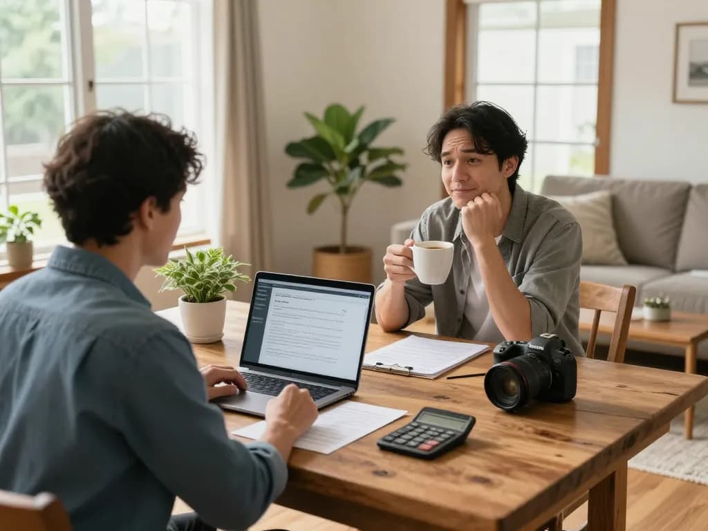 We buy houses for cash scene with a home buyer and seller discussing offers in a cozy living room.