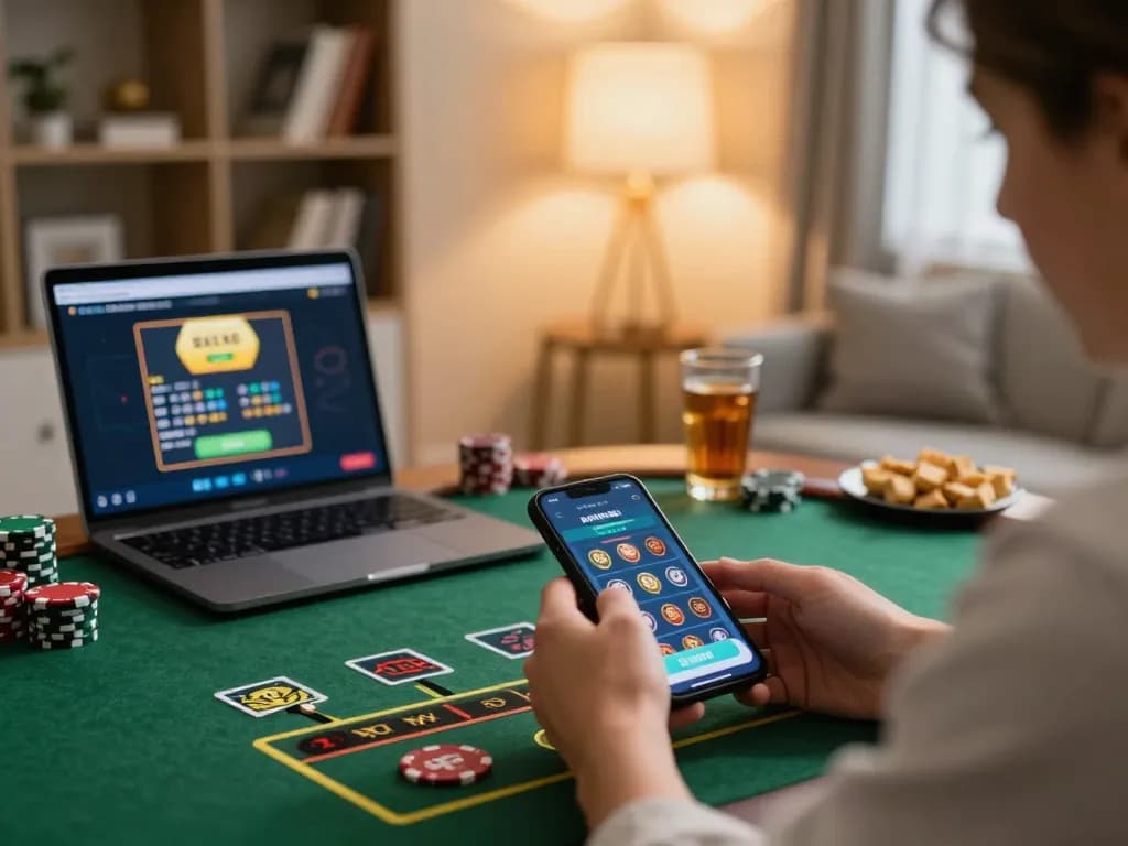 Engaging in slot deposit 2rb gameplay on a smartphone in a cozy home atmosphere