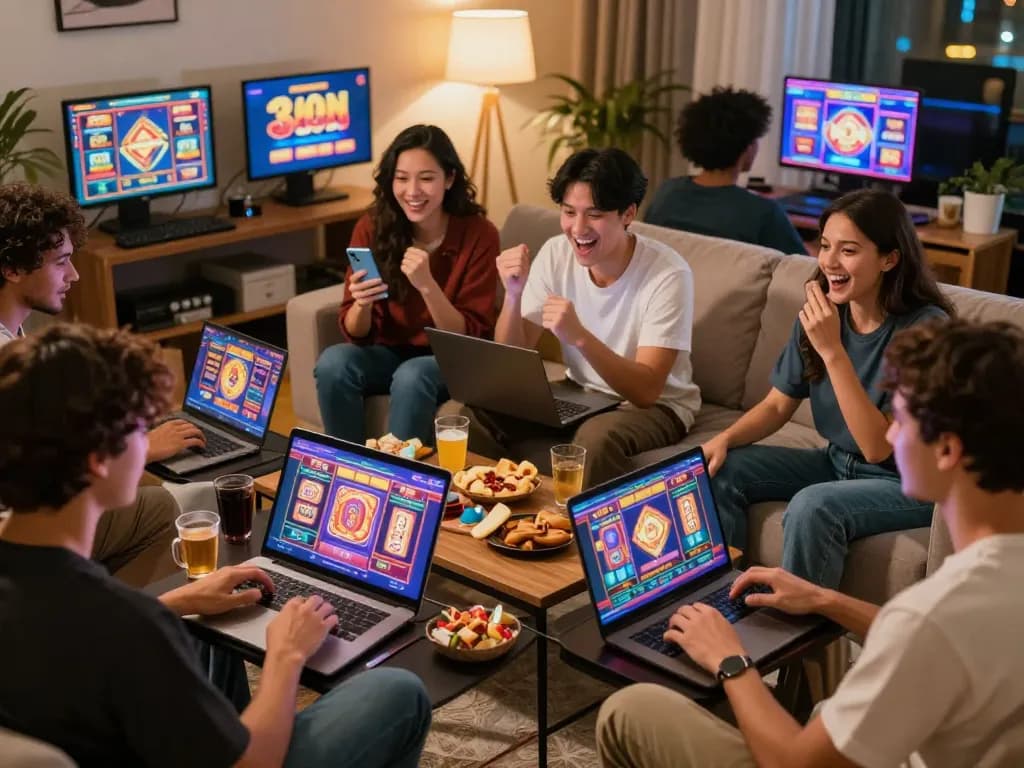 Situs slot players enjoying an exciting gaming session at home, highlighting social interaction and gameplay.
