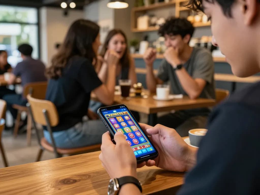 Playing thailand slot on a smartphone while socializing with friends in a cozy café.