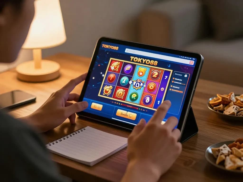 Pengalaman bermain yang menarik di rumah dengan antarmuka slot TOKYO88 di tablet dan catatan strategi taruhan