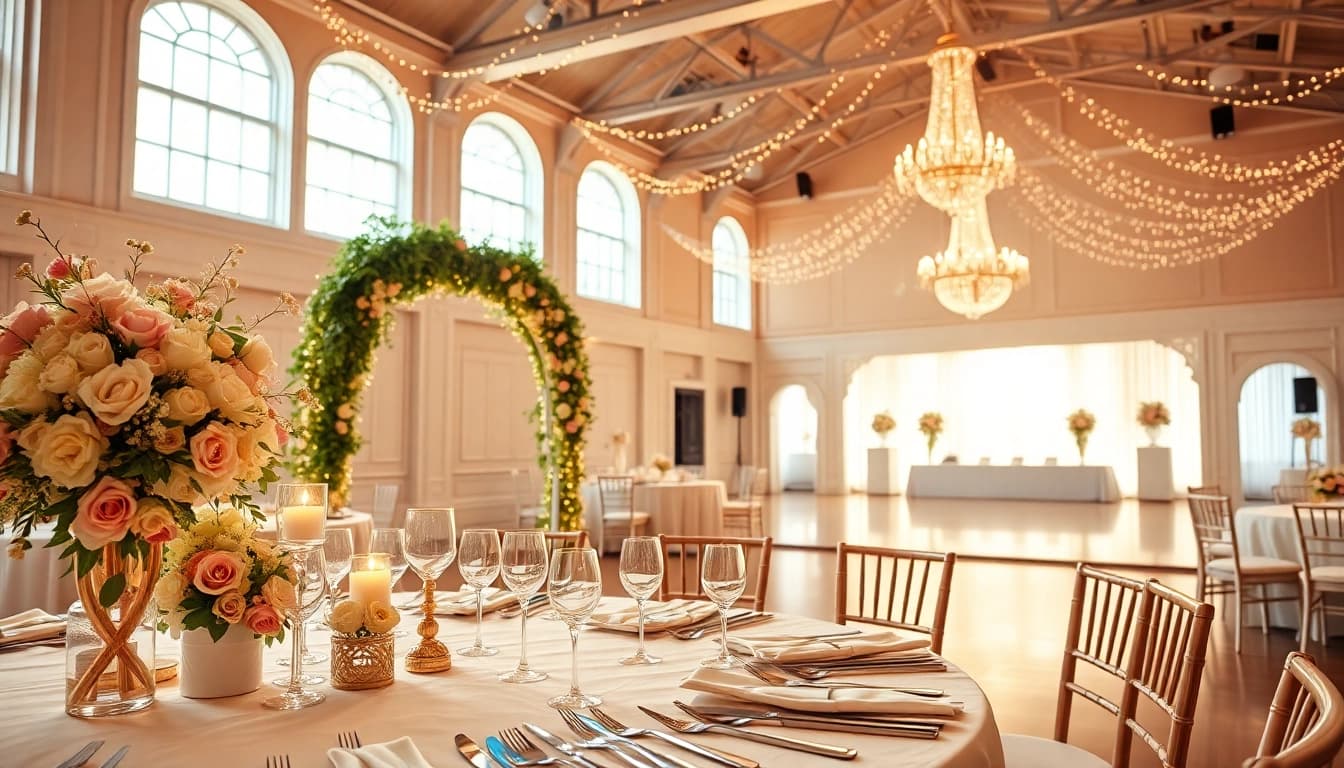 Wedding Event Space Jacksonville with elegant dining setup, romantic lighting, and decor.