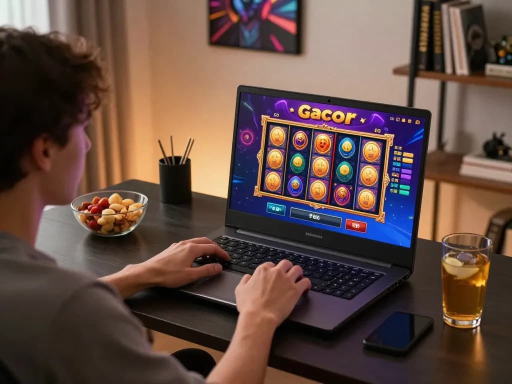 Engaging player enjoying slot gacor games on laptop for a thrilling online experience