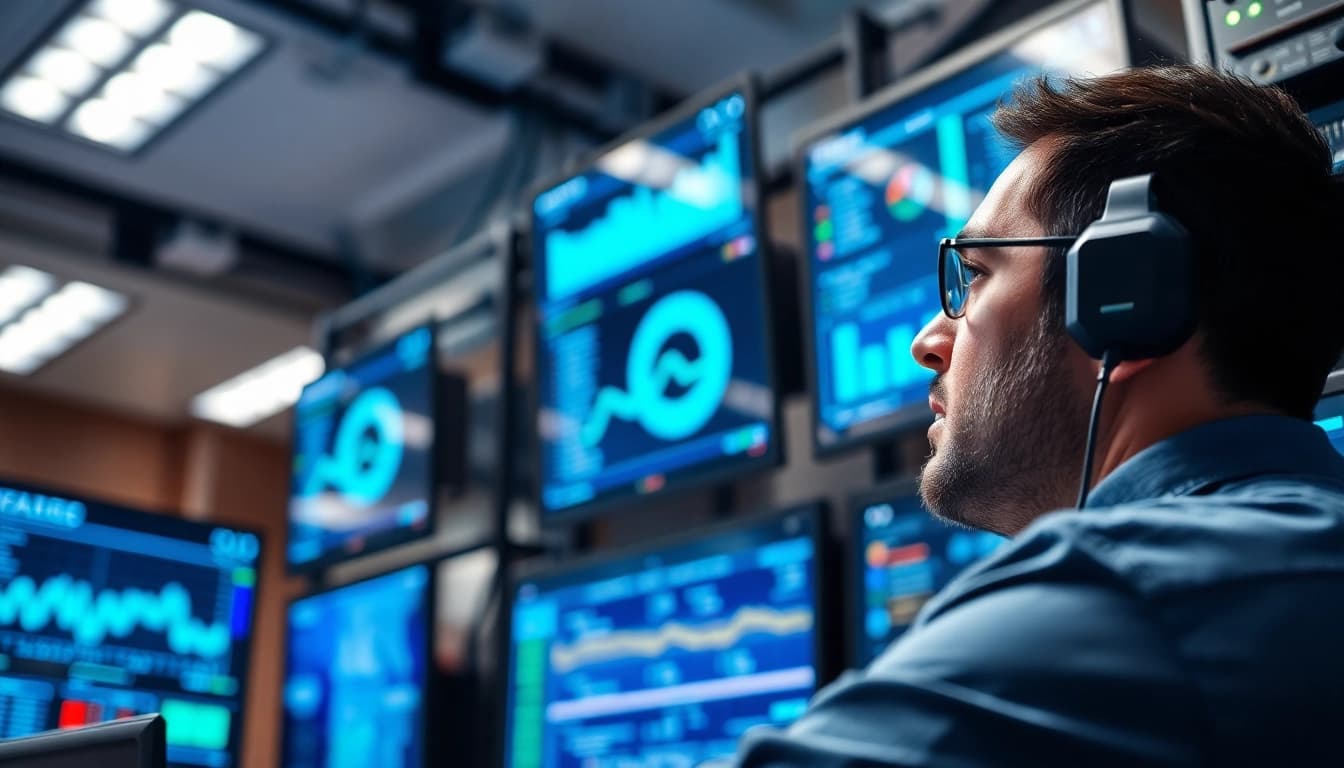 Technician engaging in Remote Monitoring and Management (RMM) with high-tech displays in a modern office.