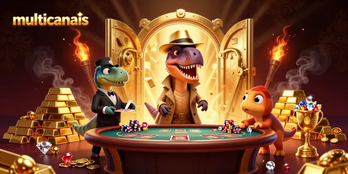 Bet on intense moments with multicanais as velociraptor card counter and stegosaurus pit boss collide in a lively casino.