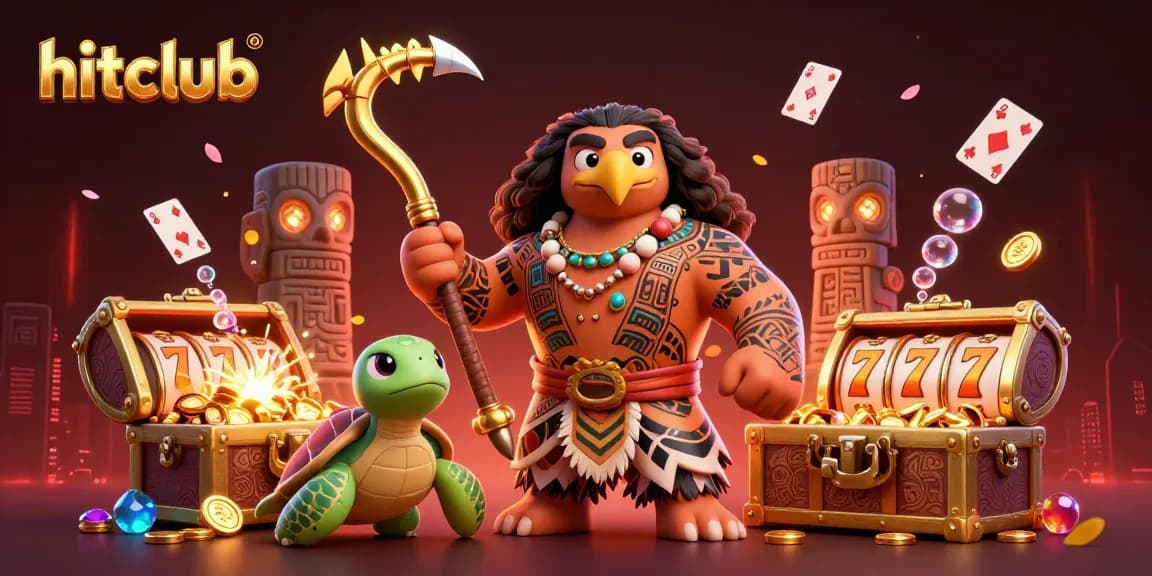 Engage with hitclub's vibrant gambling world, showcasing a Polynesian demigod and game elements.