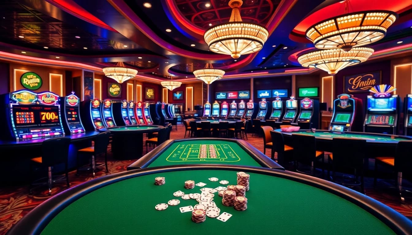 Engaging casino scene highlighting kkwin vin with vibrant tables, roulette wheels, and excitement.